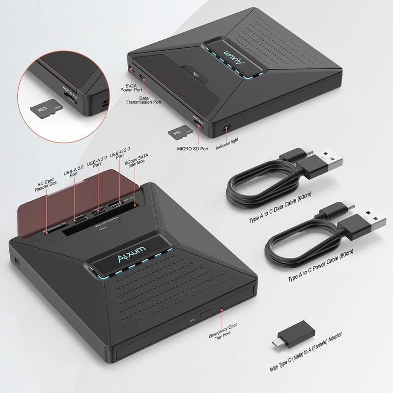 ALXUM Laptop External CD DVD Drive - CD/DVD Burning Supports SATA 2.5" Hard Drive 3 USB 2.0 Interfaces and SD Micro SD Compatible with Win2000/XP Linux Mac 10 OS System SATA&CD, SD&CD Mutual Burning - Image 5